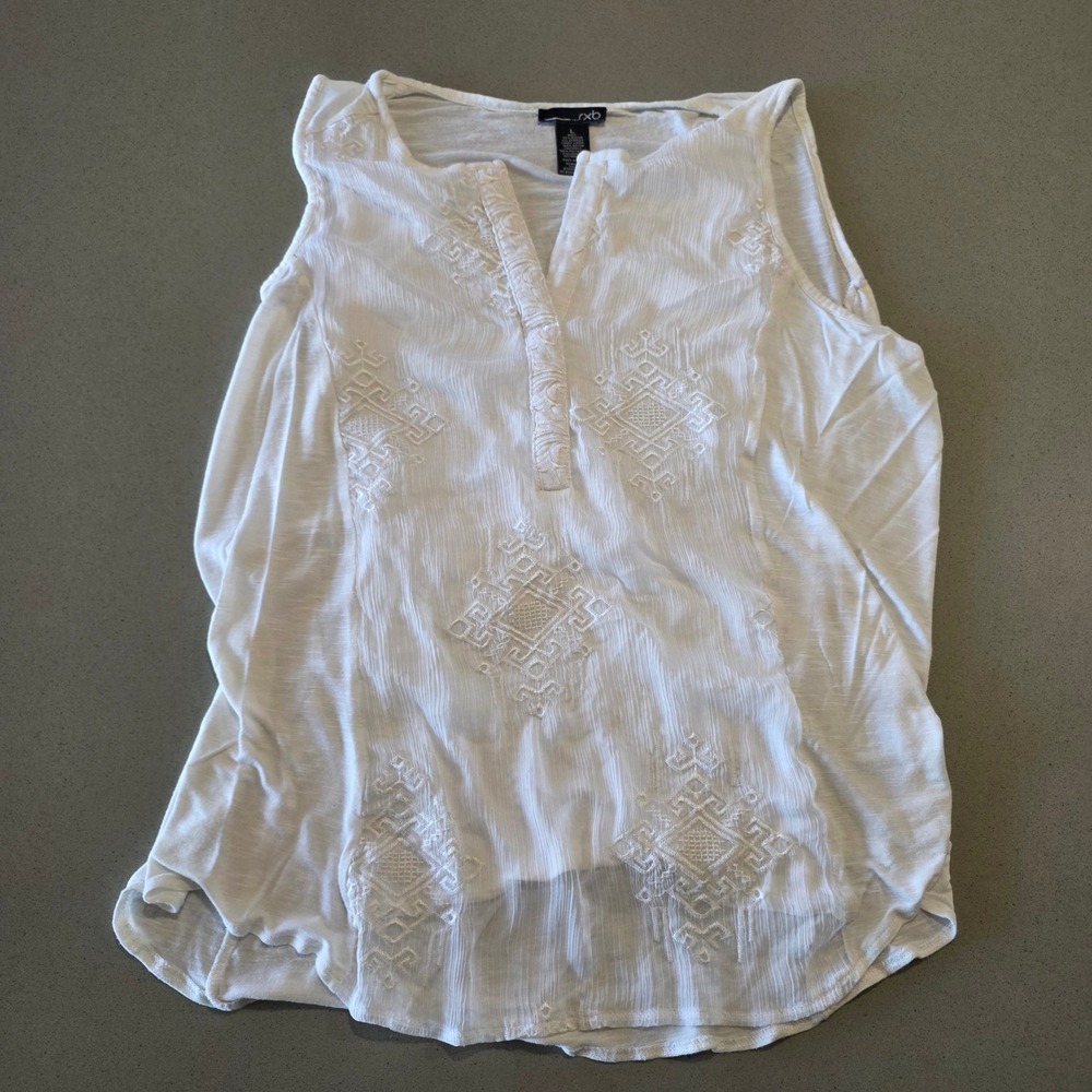 RXB Womens Sleeveless Embroidered Split Neck Blouse White Size L Boho Tank Top